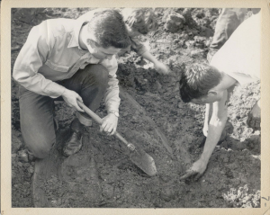 Geology majors Gaylon Lee '65, Charlotte (Meynink) Derksen '66 and Larry Benson '66 discovering more bones